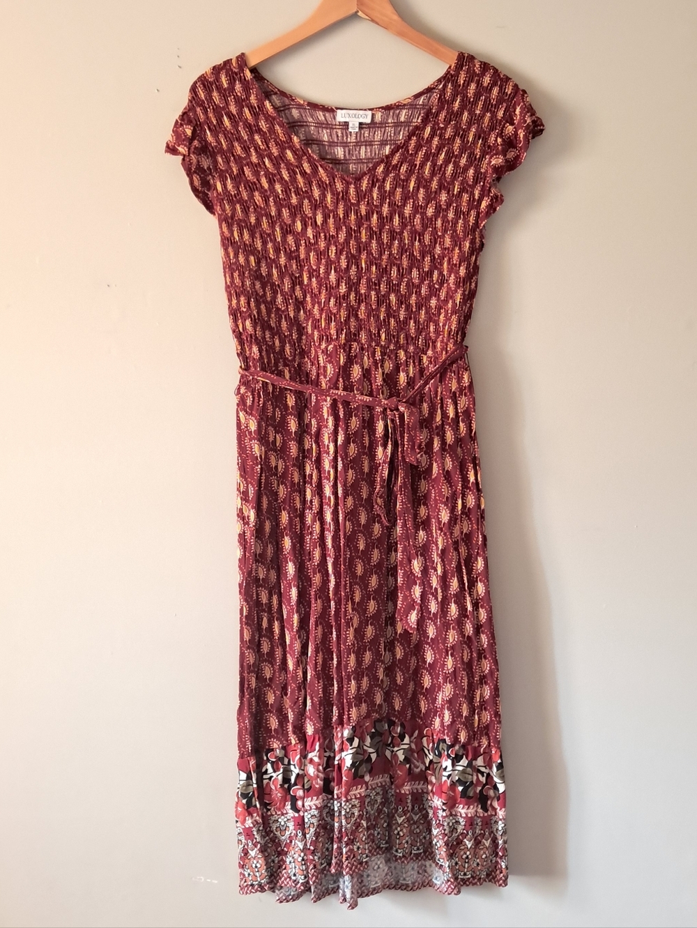 Luxology Burgundy Boho Printed Smocked Midi Dress with Contrast Hem XL